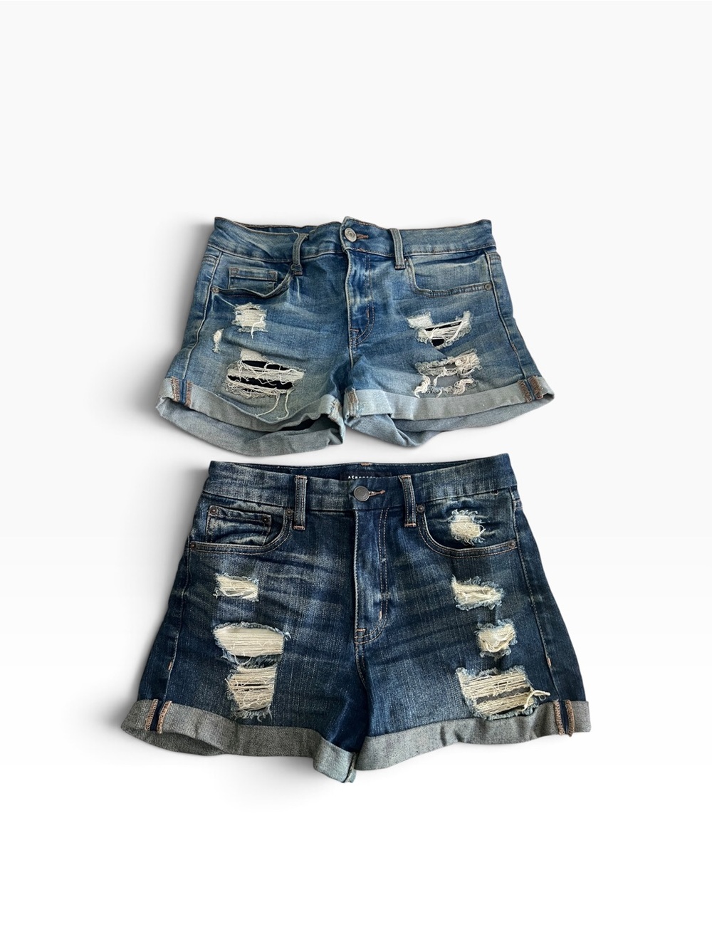 Aeropostale Distressed Denim Shorts in Light Blue and Dark Blue